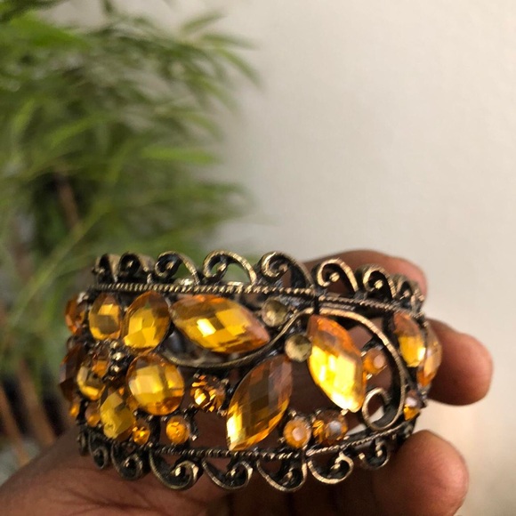 Gold bronze orange amber tone gemstone chunky bracelet bangle arm cuff boho